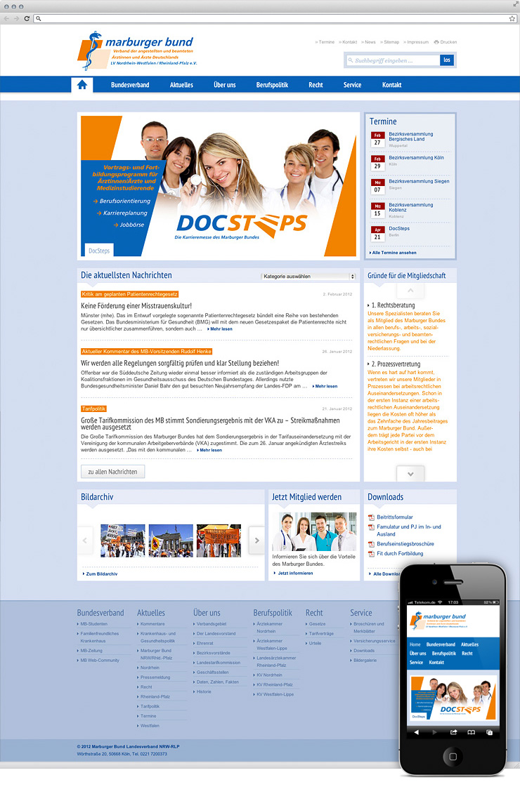 Startseite des Marburger Bundes inkl. mobiler Version der Website auf dem iPhone