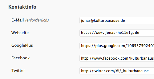 wordpress-zusatzliche-felder-backend Screenshot: WordPress-Benutzerprofil mit zusaetzlichen Eingabefeldern