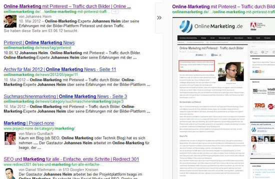 Suchergebnisse von Google mit rel=author Zuordnung