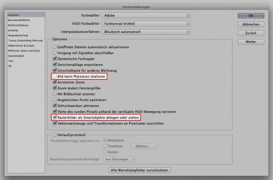 In den Voreinstellungen kann festgelegt werden, ob platzierte Objekte als Smartobjekt eingefügt werden. Zusätzlich kann die automatische Skalierung deaktiviert werden.