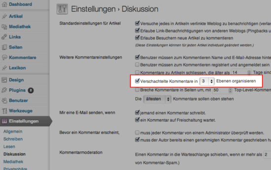 WordPress-Einstellungen fuer verschachtelte Kommentare