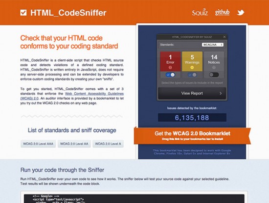 Screenshot von HTML Code Sniffer