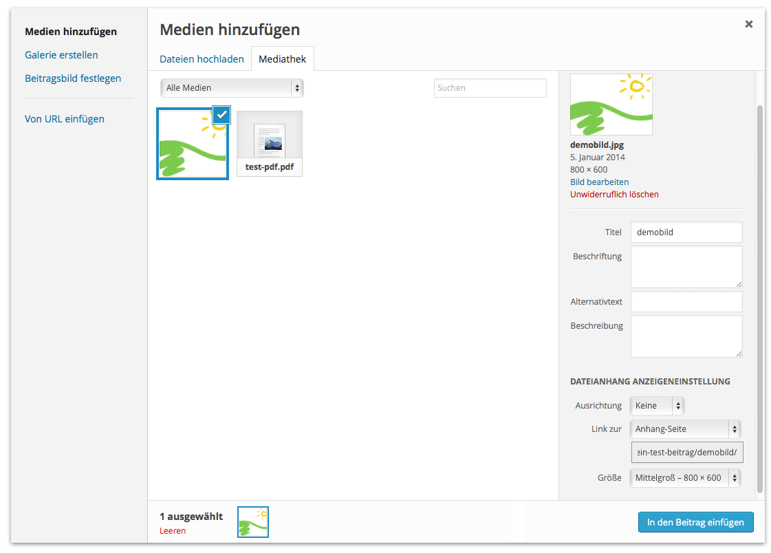 Medienuploader von WordPress. Bitte vergesst nicht, die Angaben auf der rechten Seite auszufüllen.