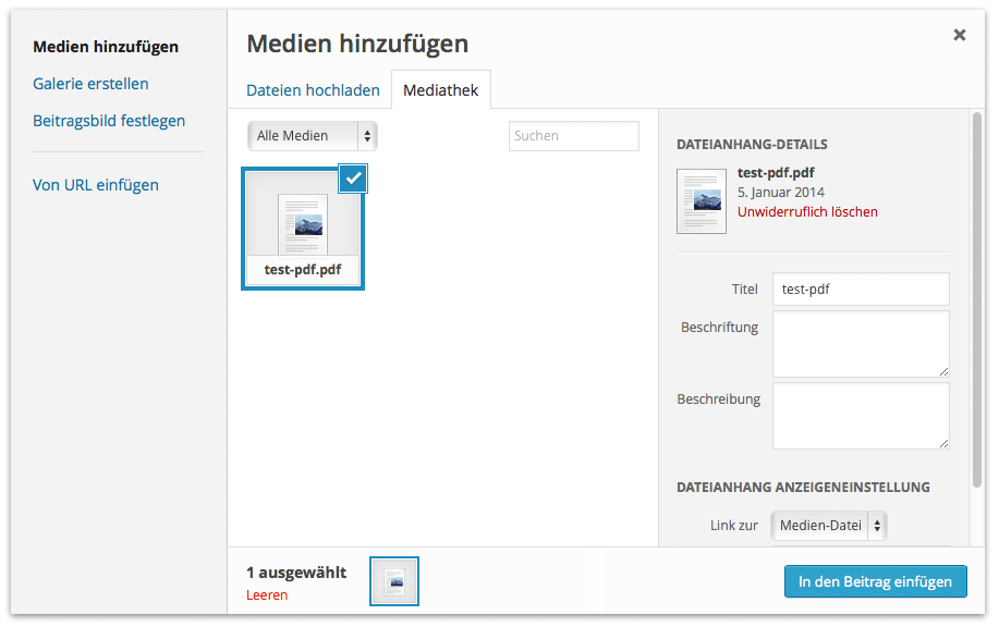 Dialog zum Upload von Medieninhalten