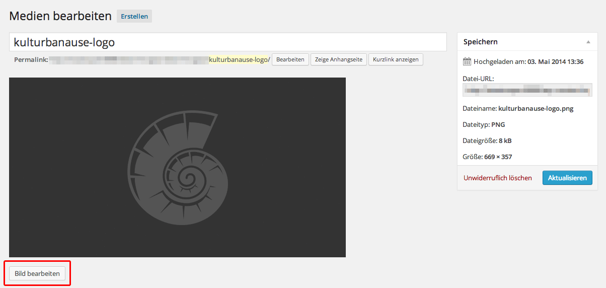 Die Detailseite einer Grafik in der WordPress-Mediathek mit Button zu den Bildbearbeitungsfunktionen