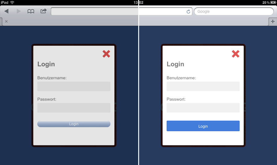 Submit-Button auf dem iPad, vor und nach der Anpassung
