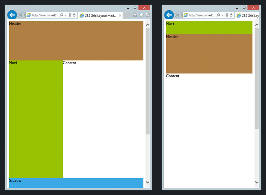 Screenshot: Mobil- und Desktop-Umsetzung fuer IE 10 mit Grid Layout