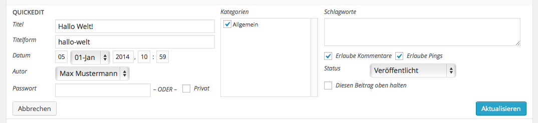 Schnelles Editieren von Beiträgen über Quick Edit