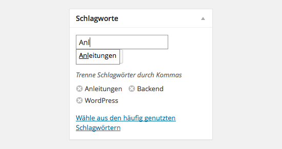 Schlagworte werden nicht direkt angezeigt, sondern erscheinen – sofern vorhanden – nach dem Tippen der ersten Buchstaben.