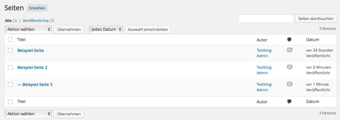 Liste aller Seiten. Verschachtelte Seiten werden eingerückt dargestellt. Per Quick Edit kann u.a. die Reihenfolge verändert werden