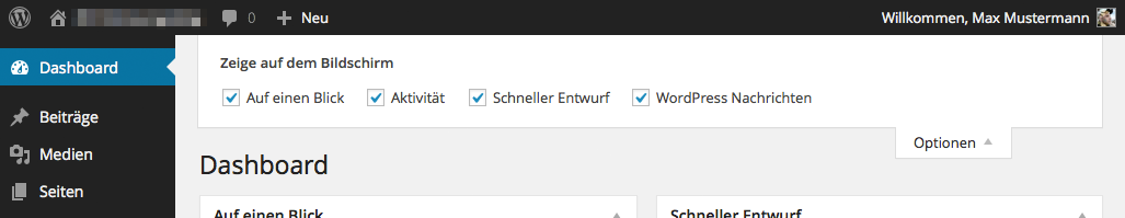 Das Dashboard mit aufgeklapptem Optionen-Menü