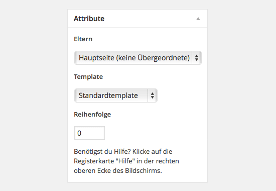 Bedienfeld »Attribute« im Editor für statische Seiten. Der Abschnitt »Templates« ist nicht sichtbar, wenn vom Programmierer keine Templates angelegt wurden