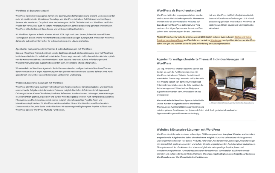 Identischer Text-Inhalt unterschiedlich strukturiert und gelayoutet.