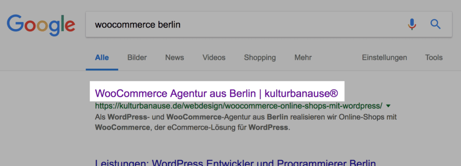 Beispiel der Darstellung des Seitentitels bei Google
