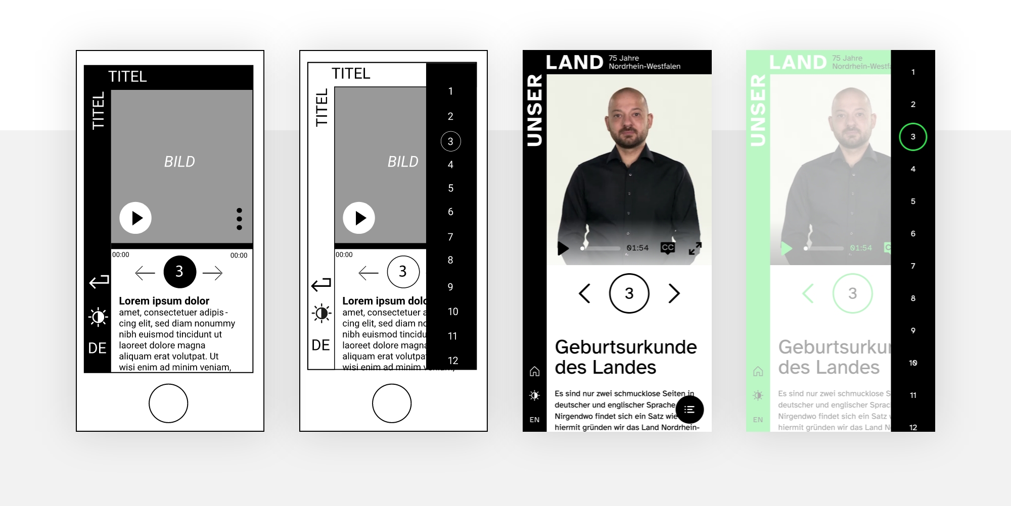 Gegenüberstellung von zwei Smartphone Wireframes der Web App und einem Screenshot ihres fertig umgesetzten Äquivalents.