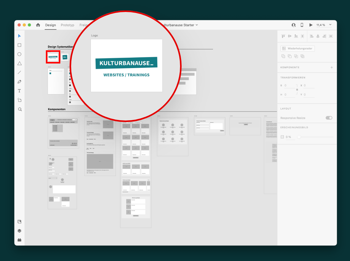 XD Dokument mit einer hervorgehobenen Zeichenflaeche oben links, die als Cover des Dokuments vorgesehen ist.