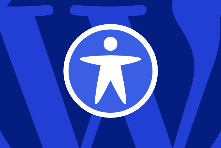 Icon für Barrierefreiheit auf blauem Hintergrund mit einem angeschnittenem WordPress-Logo