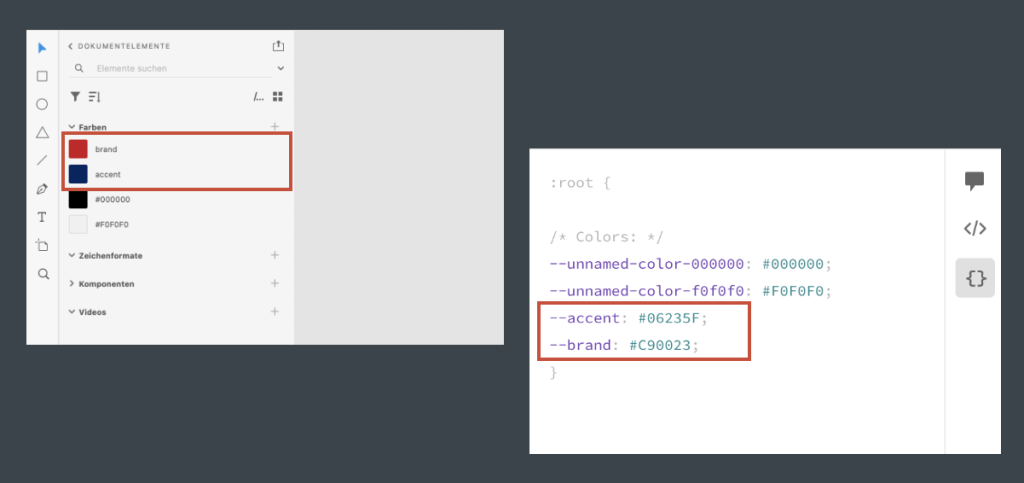 Zwei Screenshots von XD. Links Farben in der Bibliothek von XD, rechts die als CSS-Variablen exportierten Farben in der Cloud.