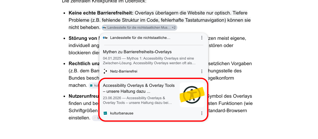 Screenshot eines AI Overviews in Google mit Verweis auf kulturbanause als Quelle